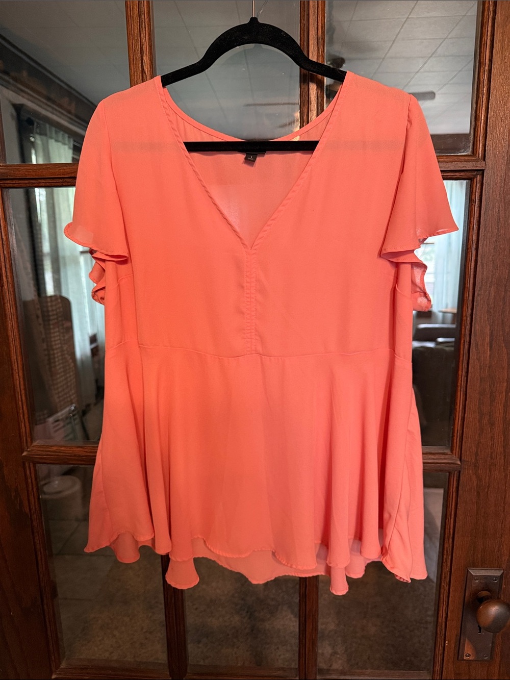 Torrid Coral Pink V-Neck Flutter Sleeve Peplum Georgette Blouse Plus Size 1 1X